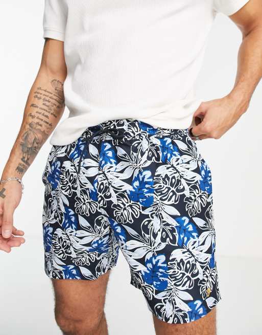 Farah - Boxer da bagno blu con stampa hawaiana