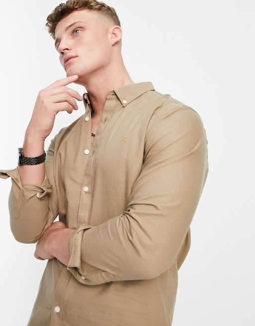 Farah – Brewer – Beige oxfordskjorta av bomull med smal passform - BEIGE
