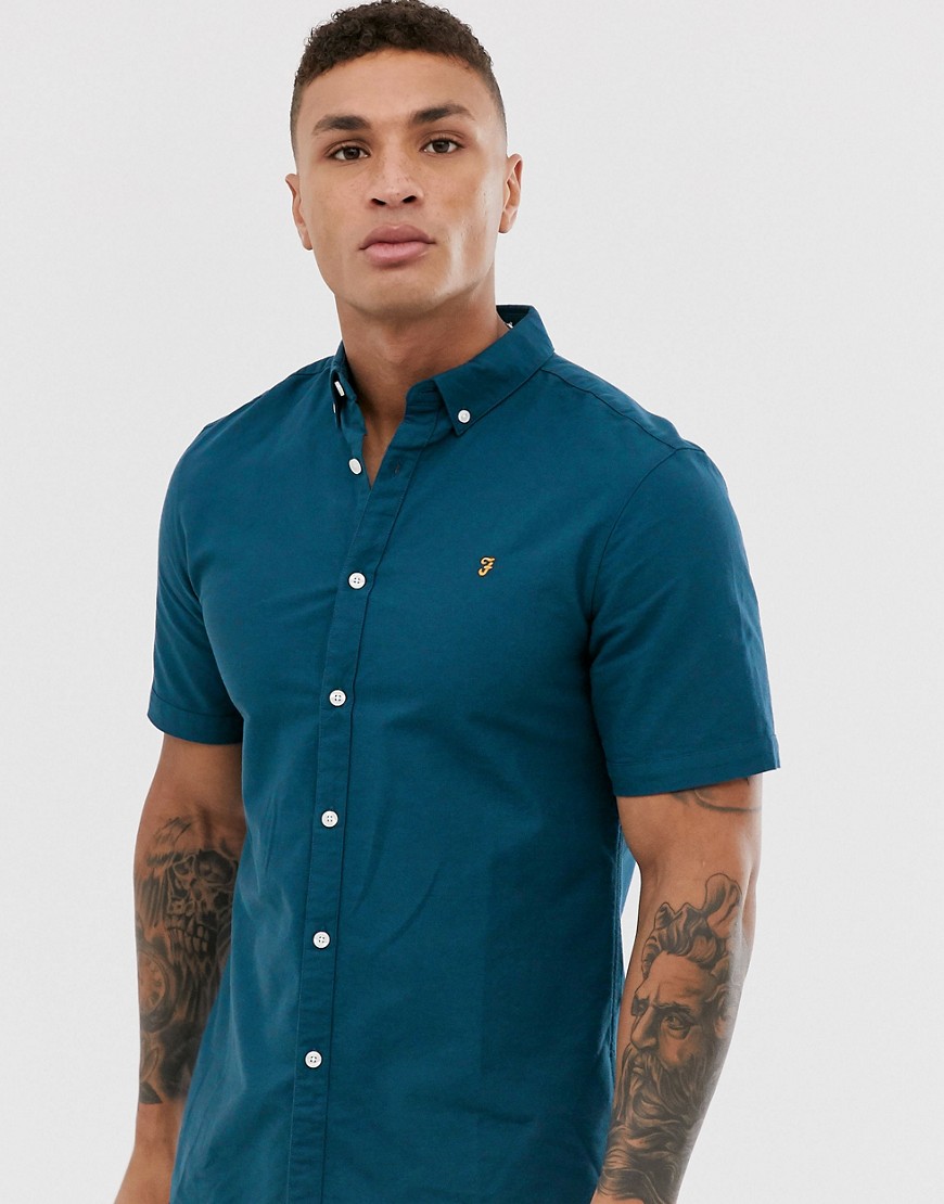 Farah Brewer – Blå, kortärmad oxfordskjorta med smal passform