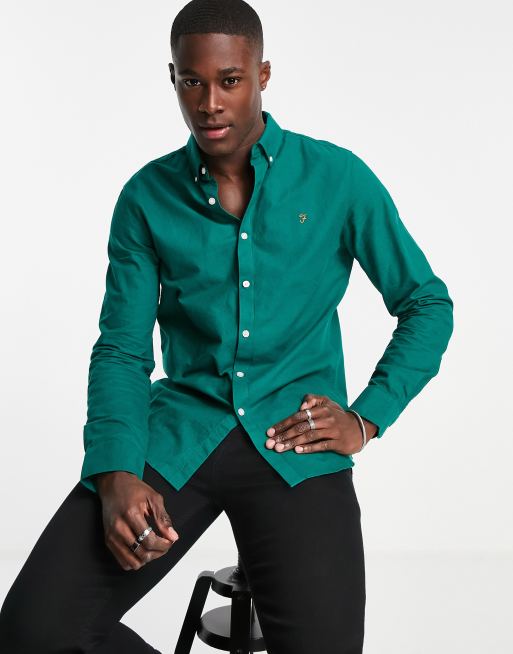 Farah - Brewer - Camicia in cotone verde a maniche lunghe