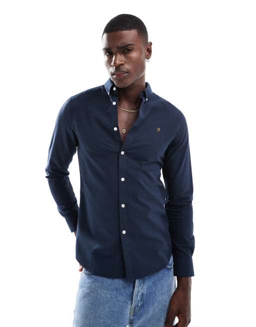 Farah - Brewer - Camicia Oxford slim a maniche lunghe blu navy