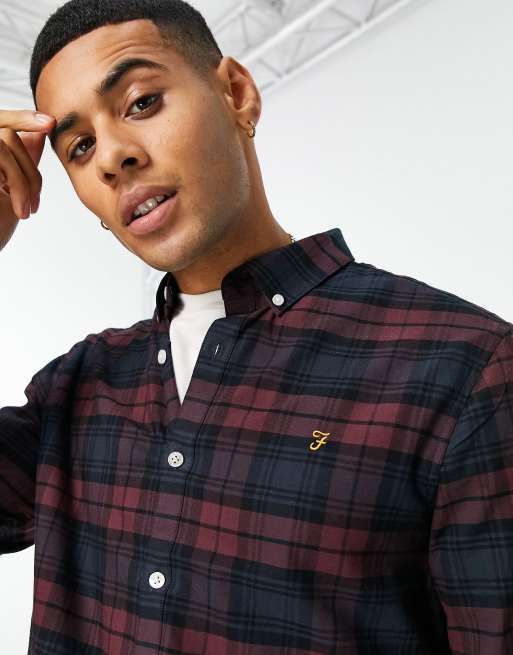 Farah Brewer Check Long Sleeve Shirt in Burgundy and Navy-Red