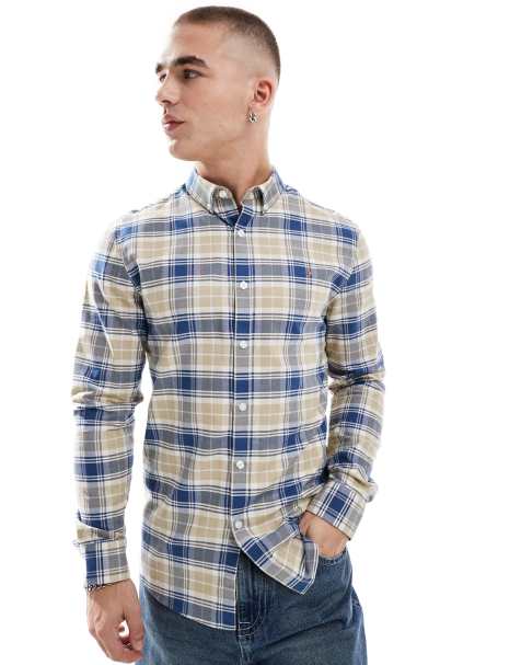 Farah brewer checked long sleeve shirt in beige and blue - view 1