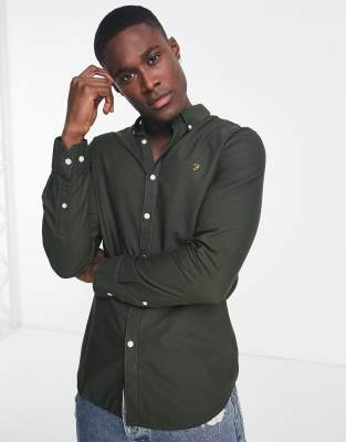 Farah Brewer slim fit cotton oxford shirt in green - ASOS Price Checker
