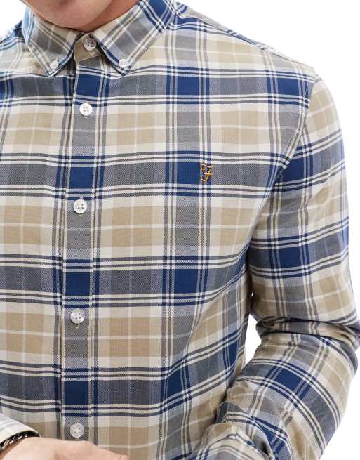 Farah - Brewer - Geruit overhemd met lange mouwen in beige en blauw, 2 van 4