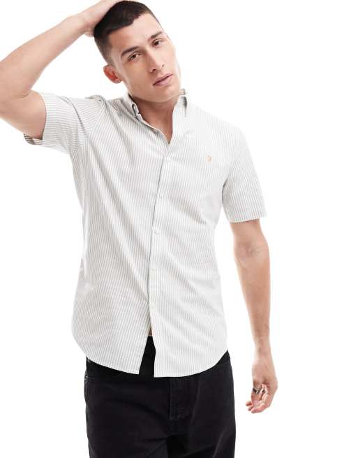 Farah - Brewer - Gestreept slim-fit overhemd met korte mouwen in wit 
