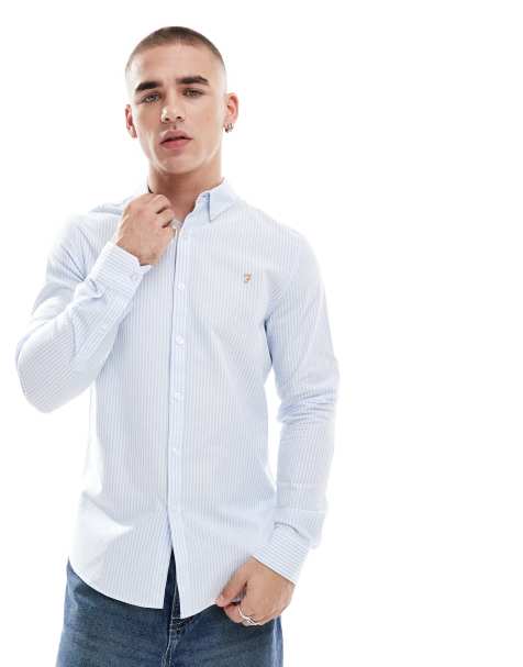 Farah brewer stripe long sleeve shirt in navy and white