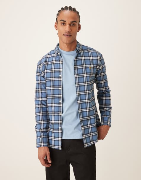 Farah Brewer long sleeve logo shirt in blue check - view 1