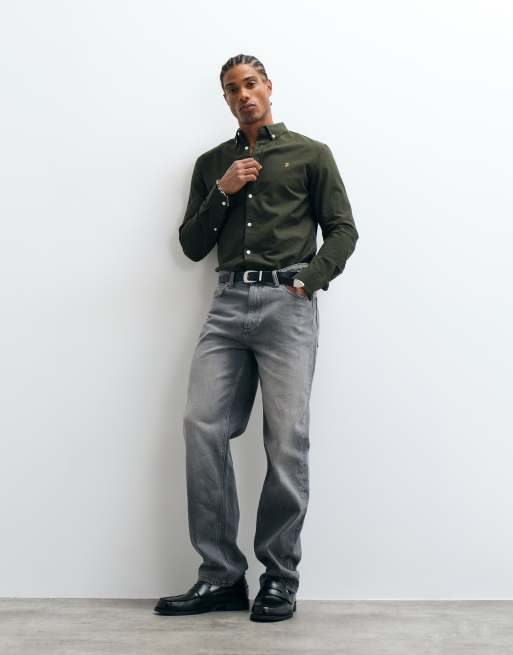 Farah Brewer long sleeve logo shirt in green, 3 of 5