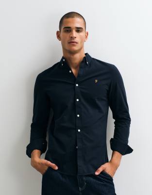 Farah Brewer Long Sleeve Logo Shirt In Navy