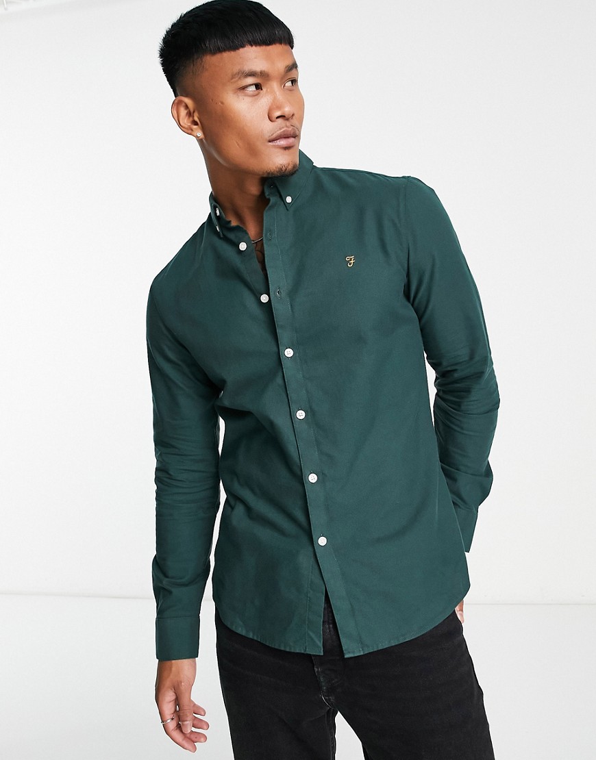 Farah brewer long sleeve slim fit cotton shirt in dark green