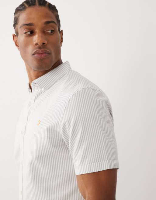 Farah Brewer short sleeve logo stripe shirt in brown/white, 4 of 5