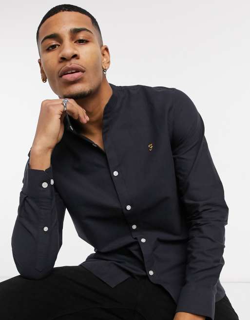 Farah Brewer slim fit collarless shirt in navy | ASOS