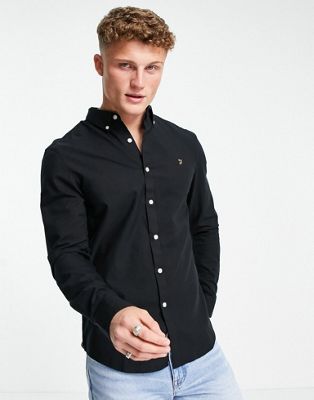 Farah Brewer slim fit cotton oxford shirt in black - ASOS Price Checker