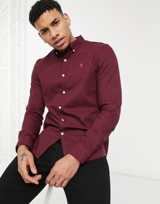 Brewer slim fit cotton oxford shirt in burgundy - RED