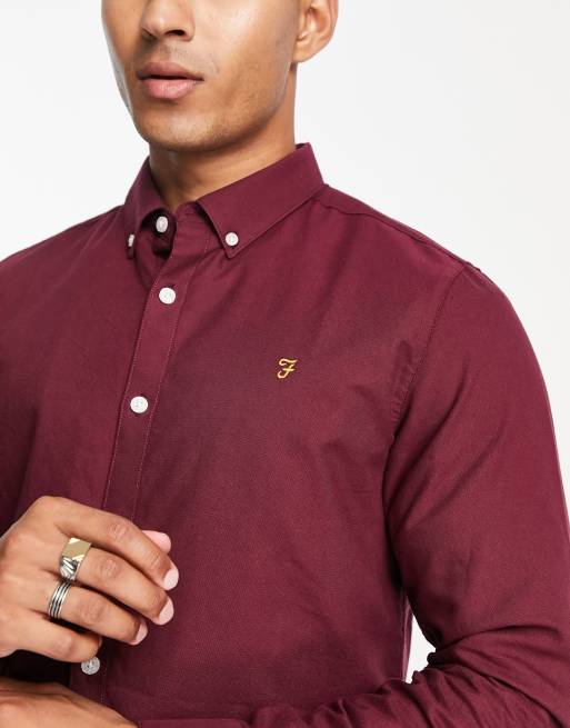 Farah Brewer slim fit cotton oxford shirt in burgundy, 3 of 4