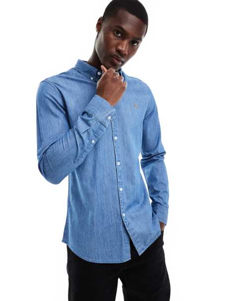 Farah Brewer slim fit denim long sleeve shirt in blue - view 1
