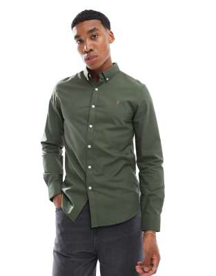 Farah Farah Brewer slim fit long sleeve oxford shirt in forest green-Grey