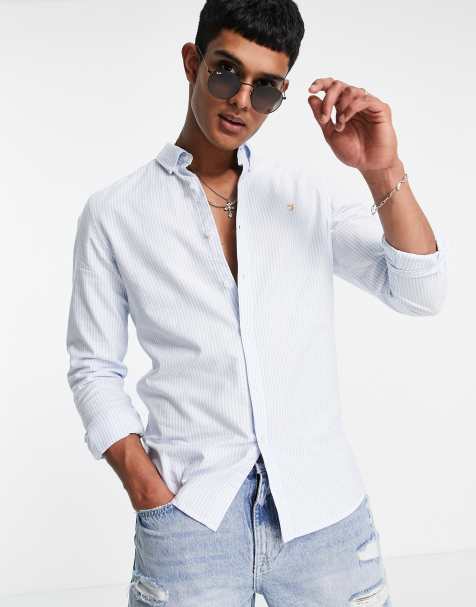 Farah Brewer slim fit long sleeve stripe shirt in blue 