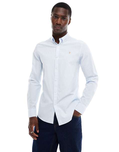 Farah Brewer slim fit long sleeve stripe shirt in blue 