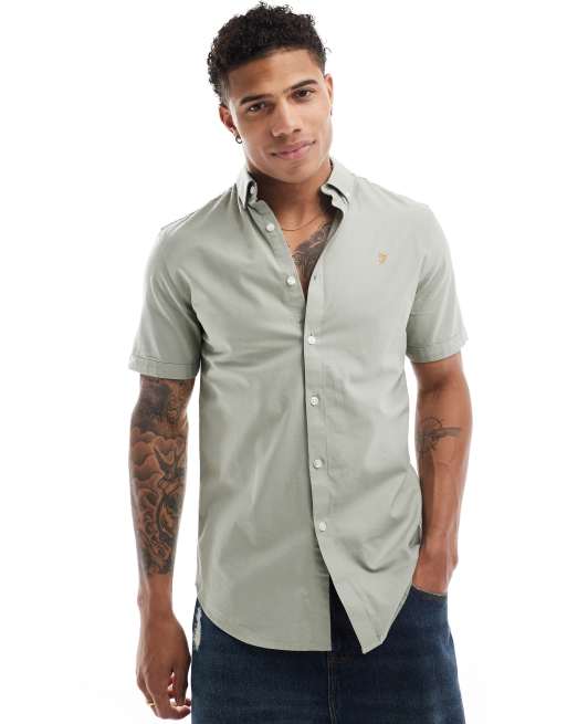 Farah - Brewer - Slim-fit overhemd met korte mouwen in groen 