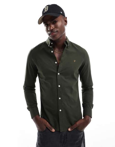 Farah Brewer slim fit oxford long sleeve shirt in khaki - view 1