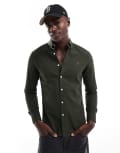 [Farah] Farah Brewer slim fit oxford long sleeve shirt in khaki-Green XS KHAKI