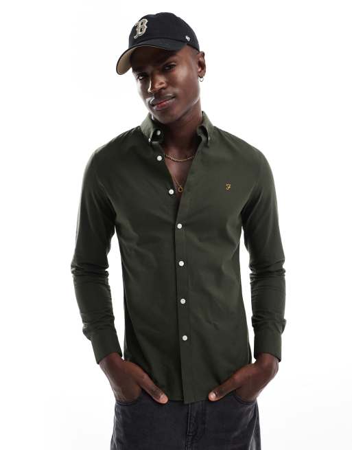 Farah Brewer slim fit oxford longsleeve shirt in khaki - KHAKI