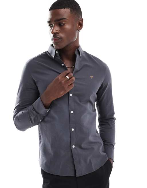 Farah - Brewer - Slim-fit oxford overhemd met lange mouwen in donkergrijs