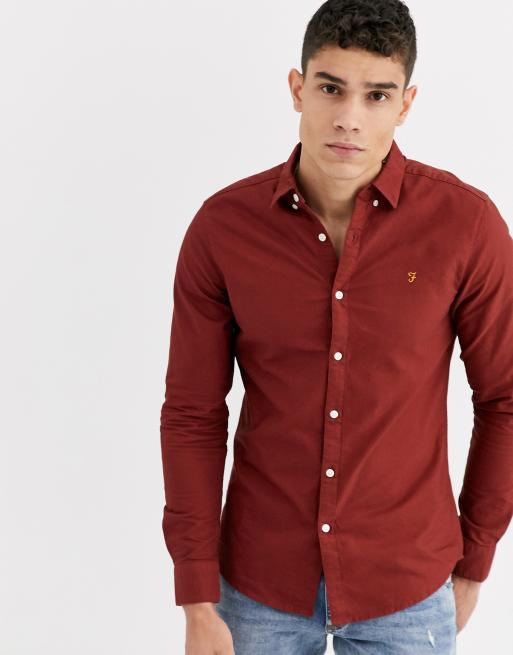 Farah Brewer Slim Fit Cotton Oxford Shirt in Burgundy - Red