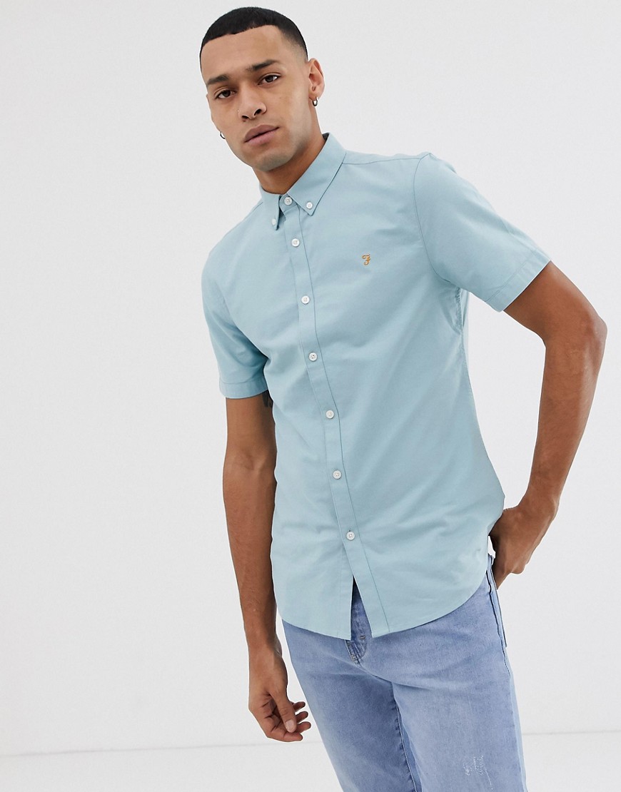 Farah Brewer slim fit short sleeve oxford shirt in turquoise-Blue