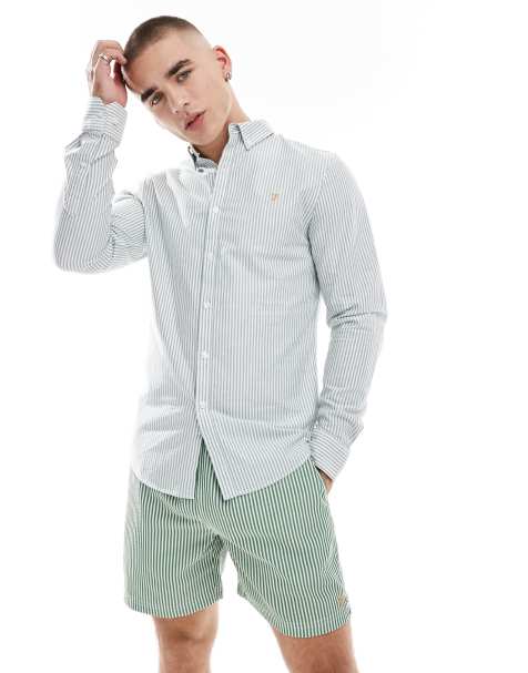 Farah brewer stripe long sleeve shirt in green and white - view 1