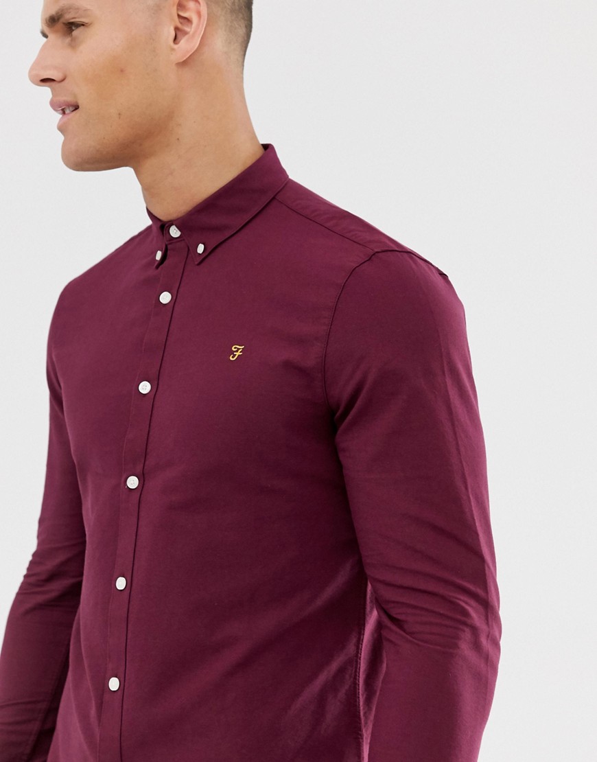 Farah – Brewer – Vinröd oxfordskjorta med smal passform
