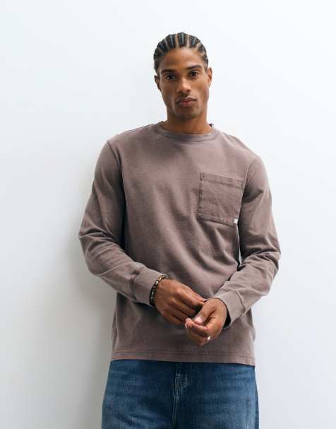 Farah Burt long sleeve garment dye pocket logo t-shirt in dark brown - view 1