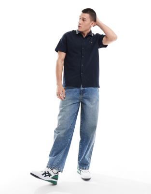 Farah Farah button through waffle polo shirt in navy