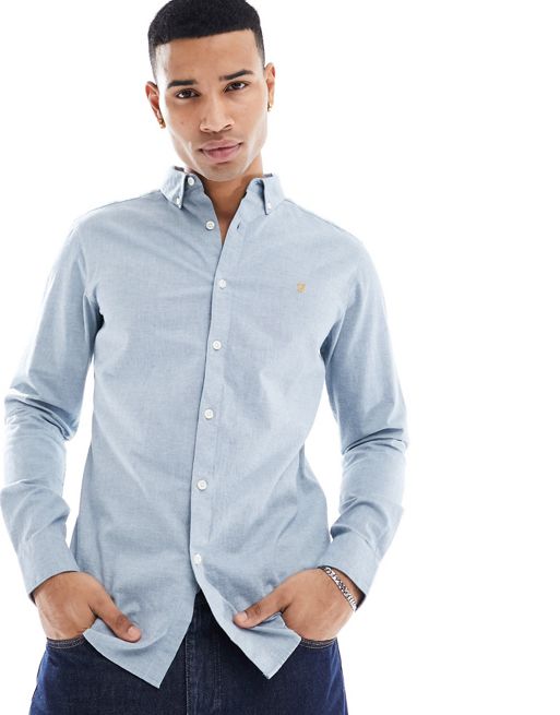 Farah - Camicia in cotone blu a maniche lunghe