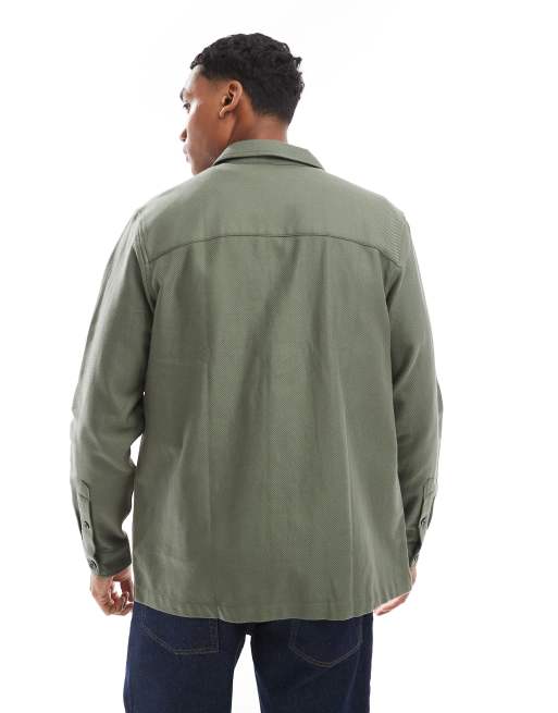 Farah carrigan textured overshirt in khaki green | ASOS