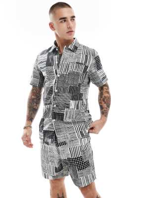 Farah Farah chiltern co-ord short sleeve shirt in black and white archive print