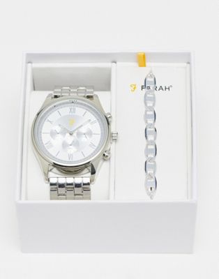 Farah chunky link strap watch and figaro chain bracelet gift set in silver