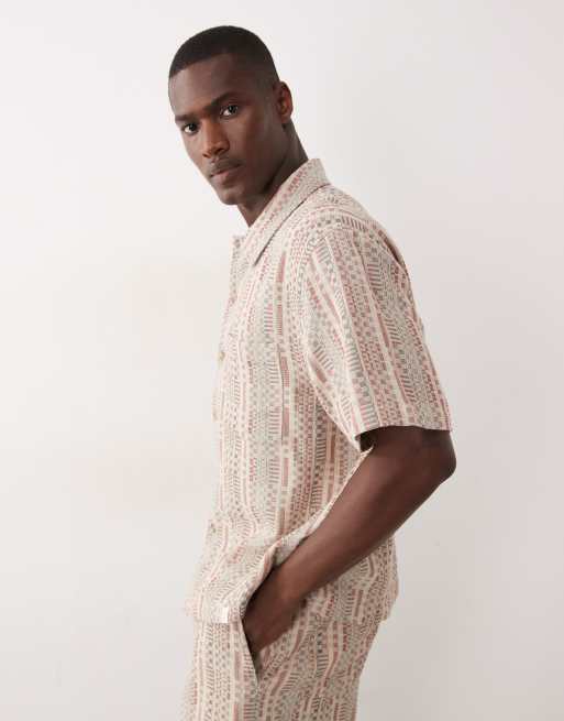 Farah - Clarence - Gestreept overhemd met korte mouwen, textuur en logo in rood, deel van co-ord set, 4 van 5