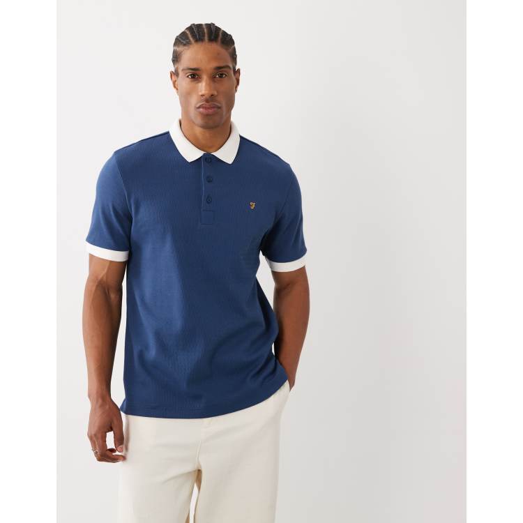 Farah Clement short sleeve textured knit logo polo in blue | ASOS