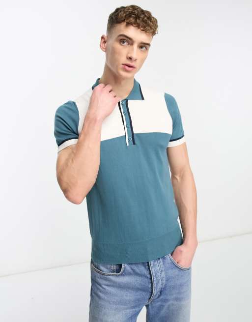 Farah Cleo colour block short sleeve polo in indigo green and white