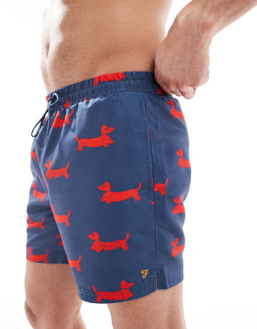 Farah Colbert archive dog print swim shorts in navy and red, 2 of 4