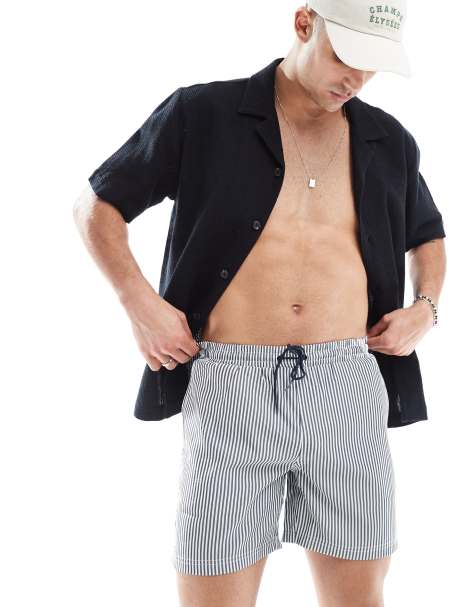 Farah - Colbert - Pantaloncini da bagno blu navy e bianchi a righe in seersucker - view 1