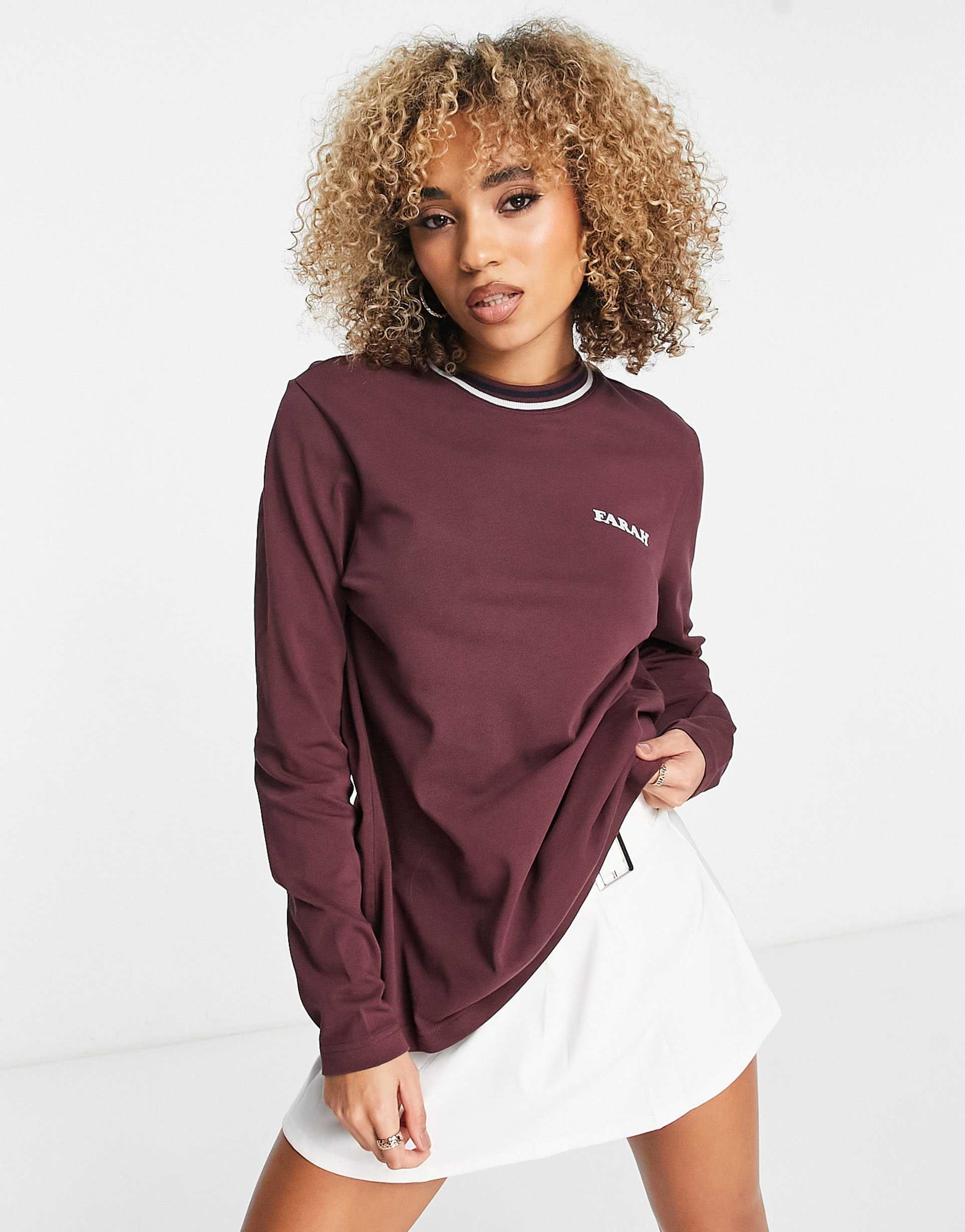 Farah Colorado tipped cotton boyfriend fit long sleeve top in dark red view 2