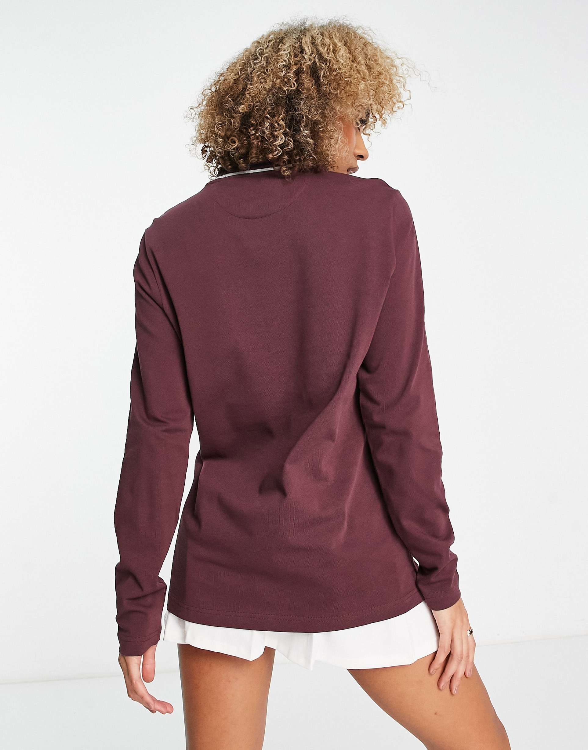 Farah Colorado tipped cotton boyfriend fit long sleeve top in dark red view 3