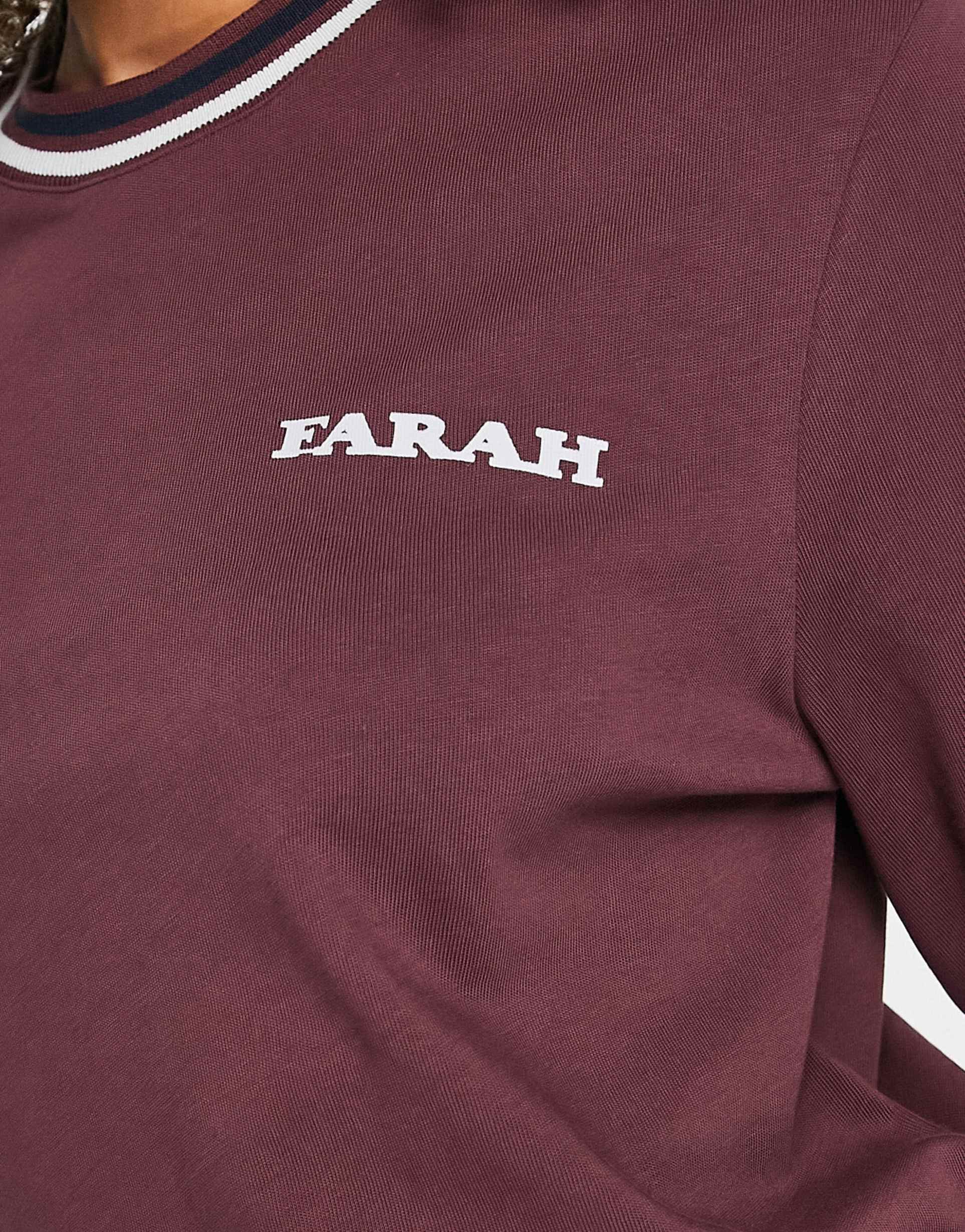 Farah Colorado tipped cotton boyfriend fit long sleeve top in dark red view 4