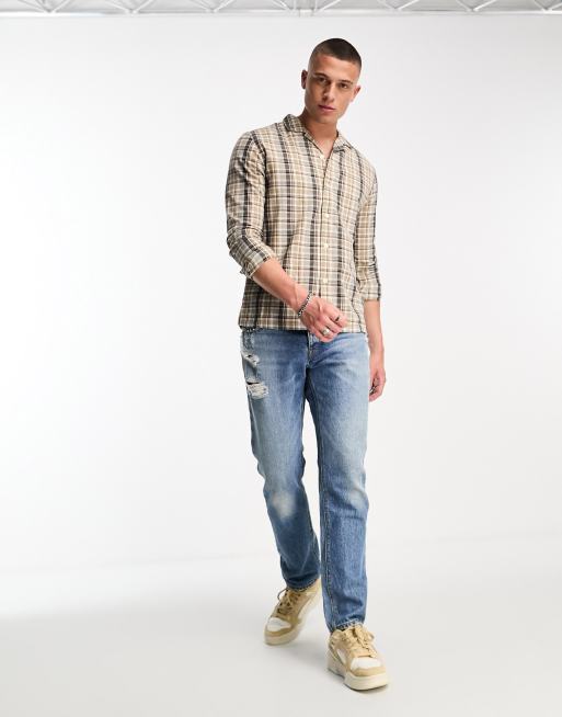 Farah Couzens checked revere collar shirt in smoky brown