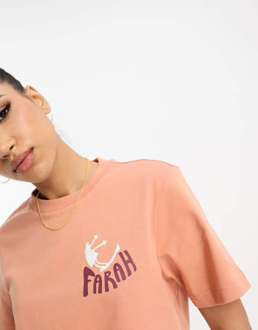 Farah Craig boyfriend fit t-shirt in orange mandarin with check print, 3 of 4