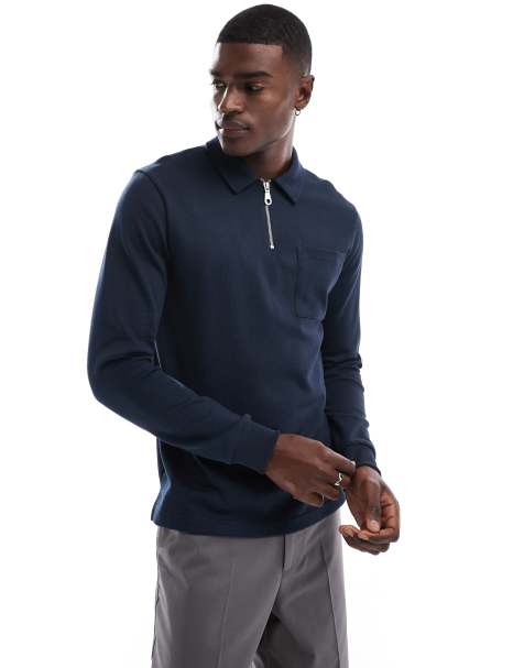 Farah - Creston - Sweatshirt met polokraagje en korte rits in marineblauw - view 1